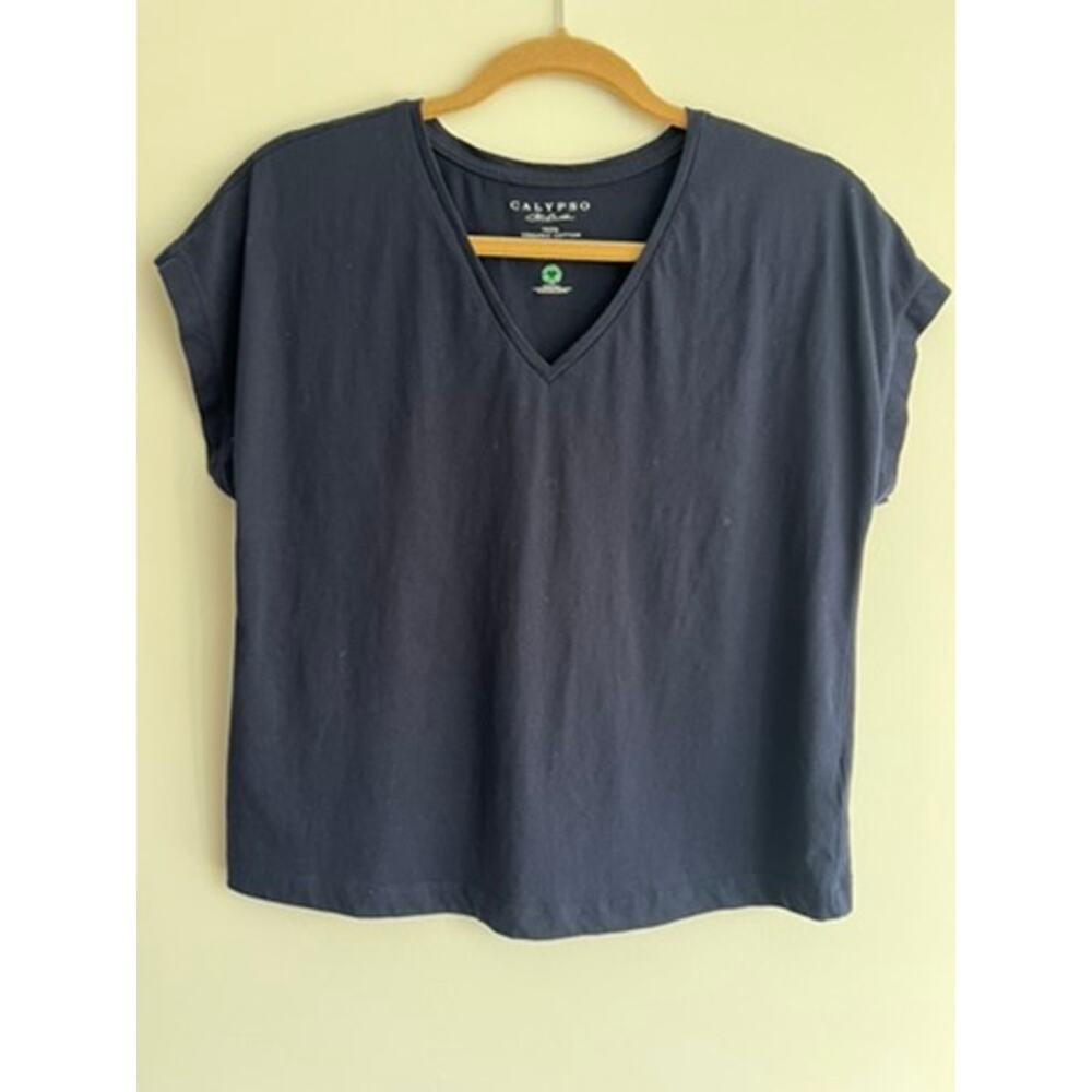 Calypso St. Barth Organic Cotton Navy Blue V-neck Cap Sleeve T-shirt (size S)